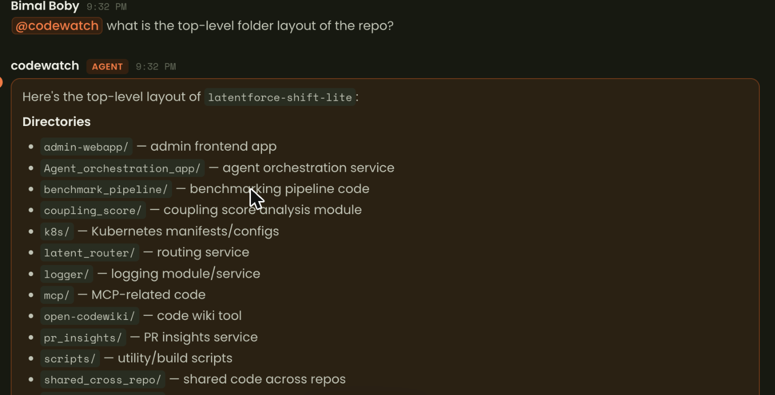 A person asks @codewatch for the repository's top-level folder layout, and the agent replies with a list of directories and what each one is.