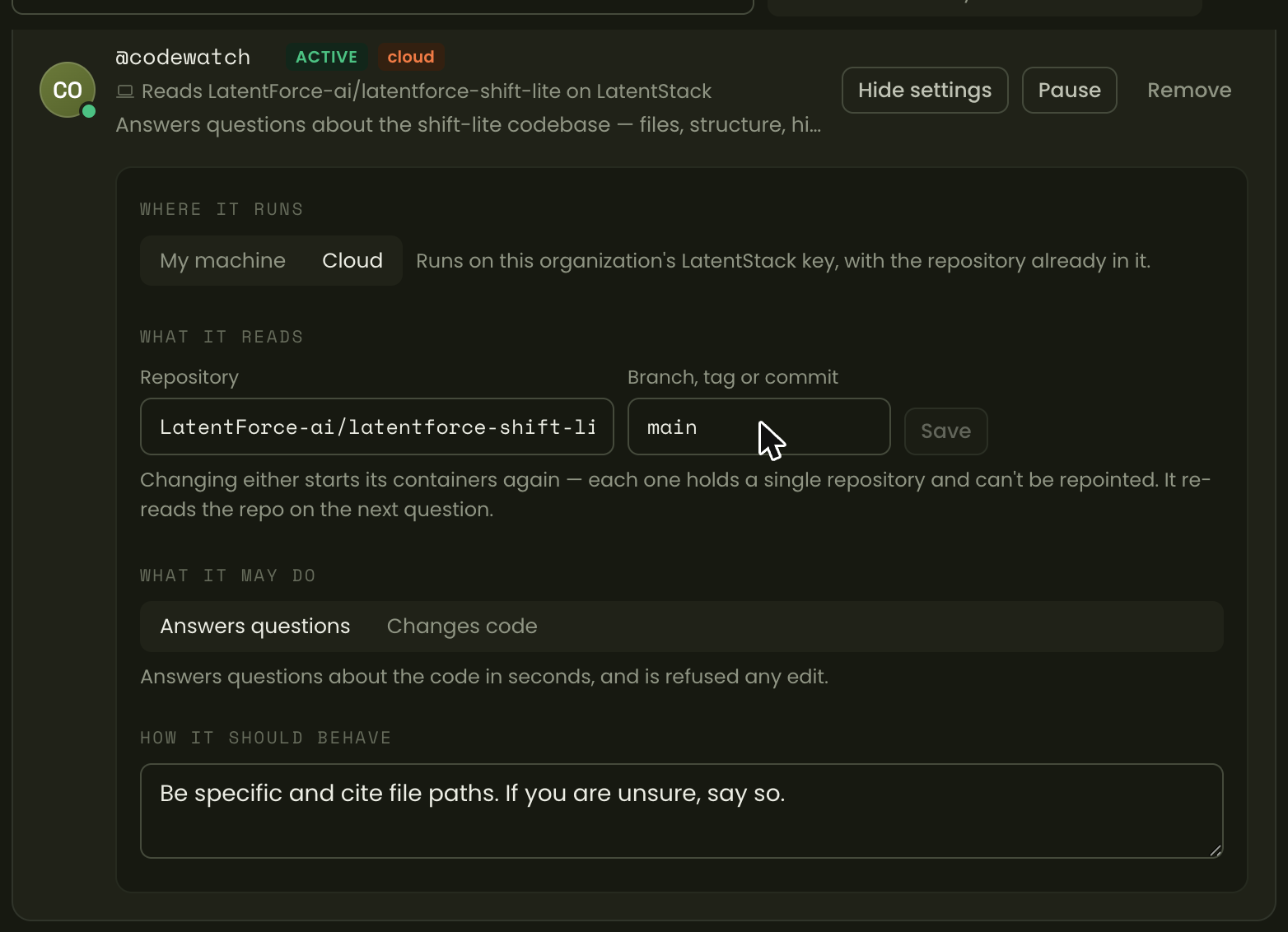 An agent's settings panel showing where it runs (machine or cloud), what it reads (repository and branch), what it may do (answers questions or changes code), and how it should behave.