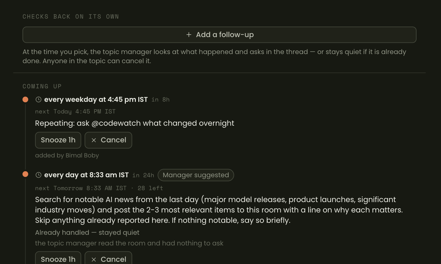 The Plans tab listing two scheduled checks with their next run times, and Snooze and Cancel buttons.